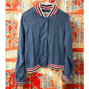 Mossimo Jacket Womens SIZE Large Chambray Denim Red White Blue Retro Varsity EUC